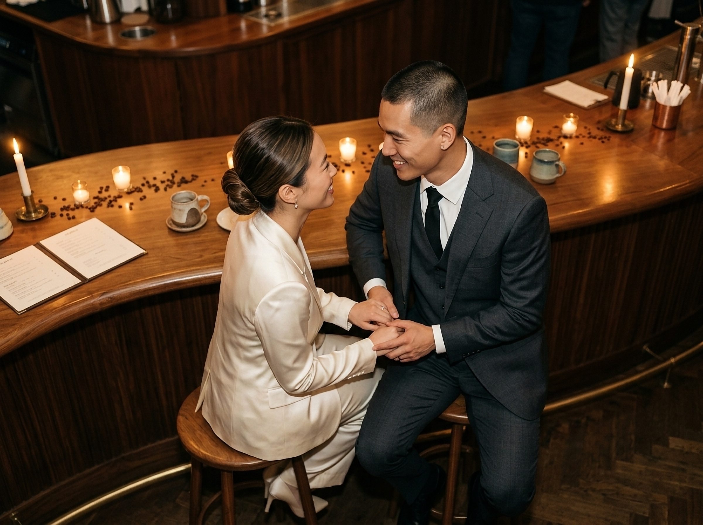 Couple laughing at a candlelit café bar