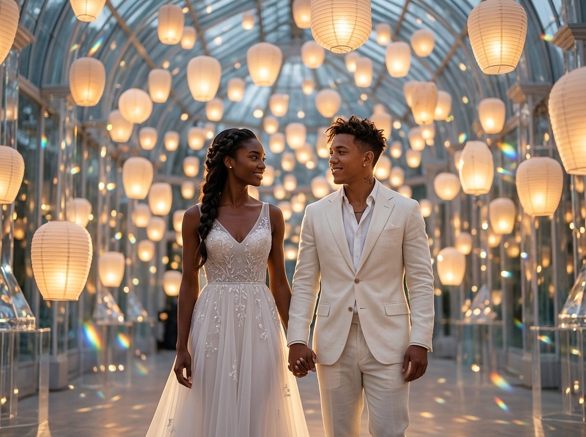 Couple beneath floating lanterns in a glass hall