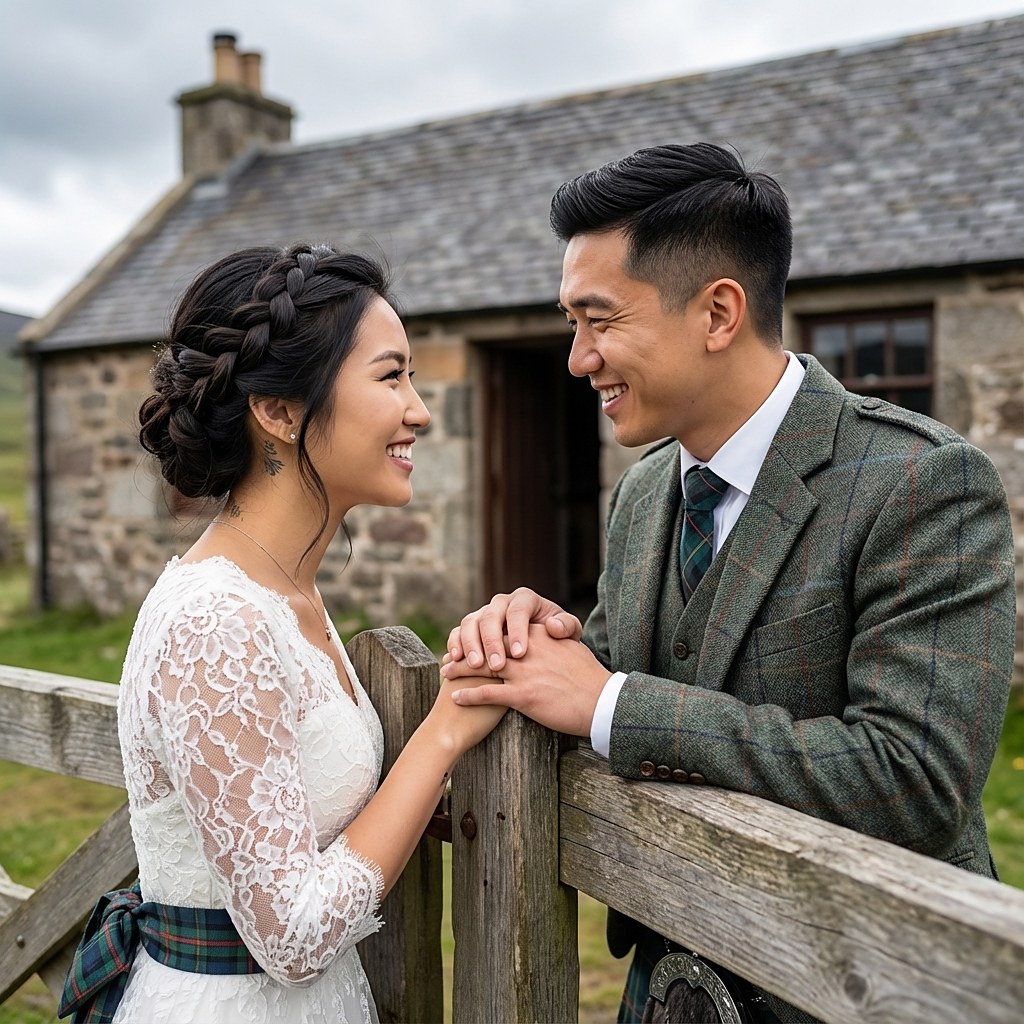 Couple at a highland stone cottage