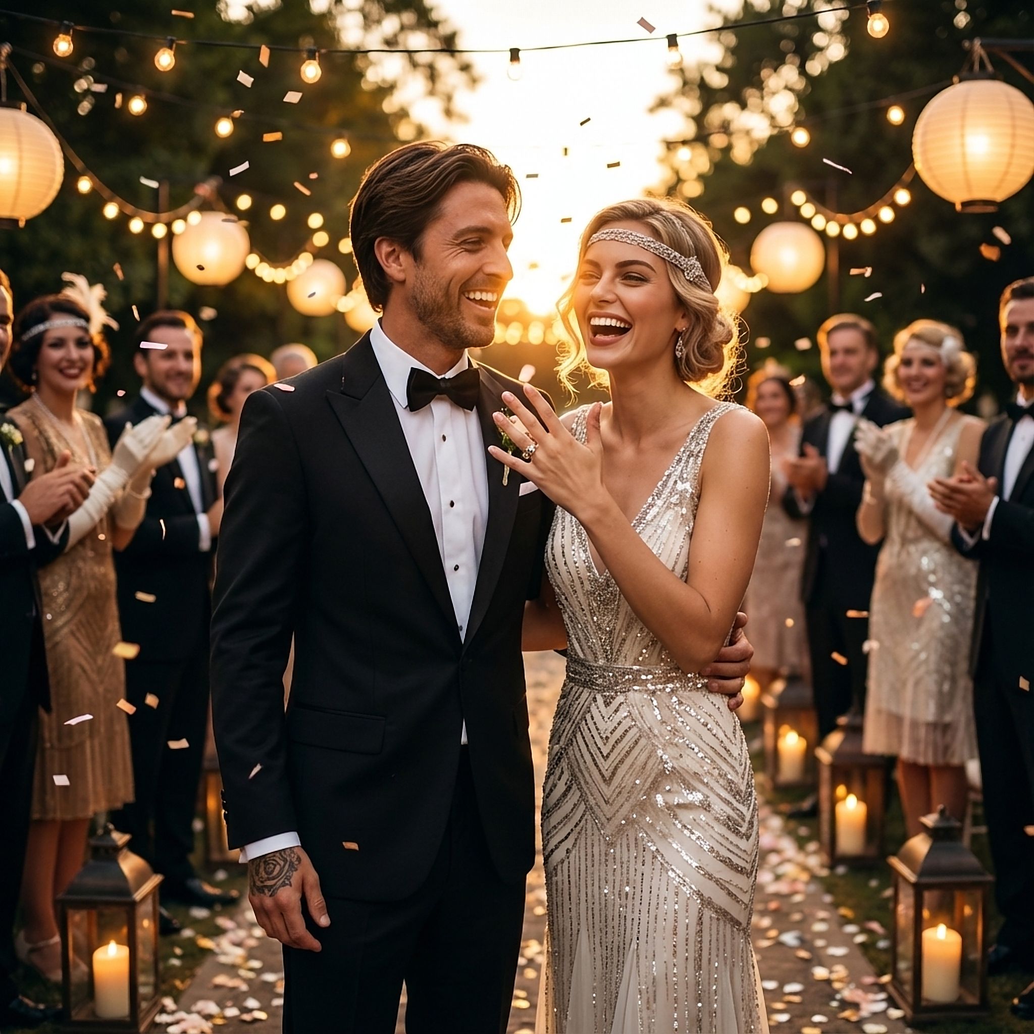 Couple celebrating under lanterns and confetti at sunset