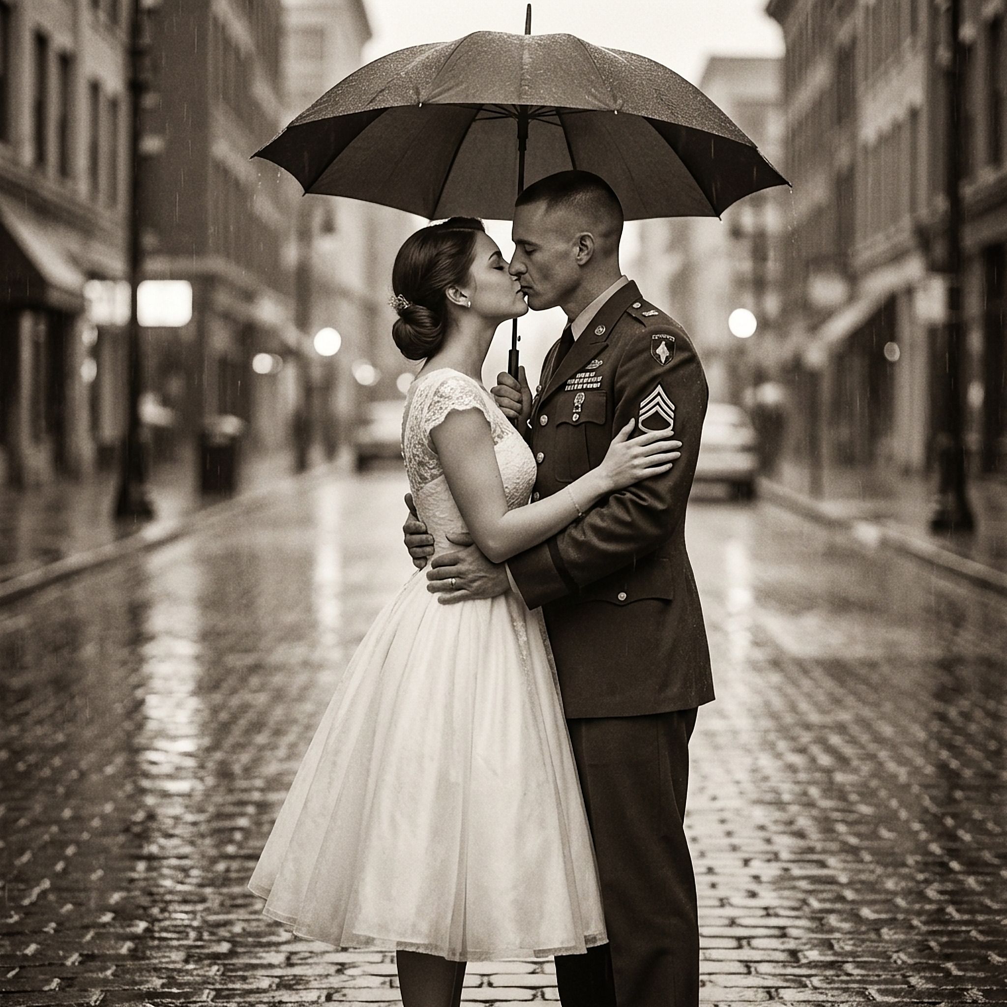 Sepia rain kiss under an umbrella